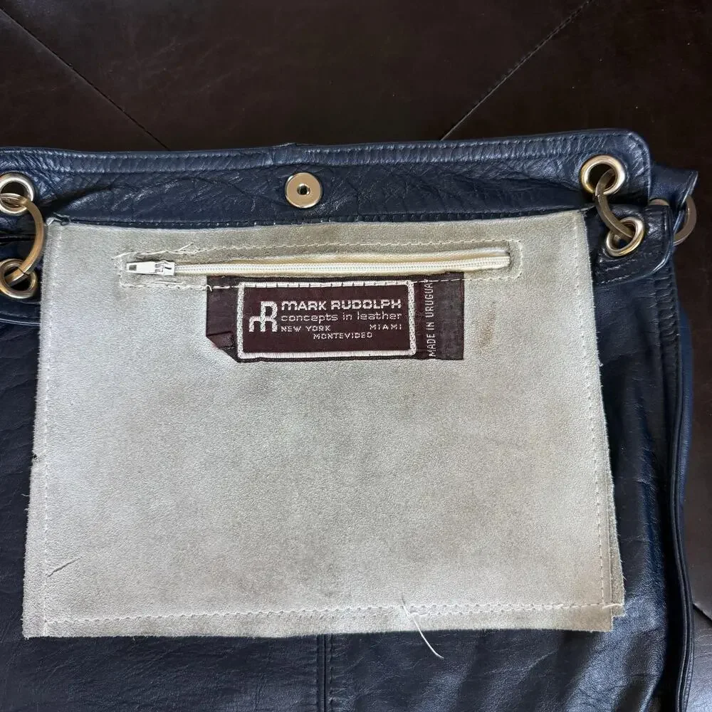Vintage Mark Rudolph Bag Womens Medium Blue Leather Suede Lining Grommet Snap